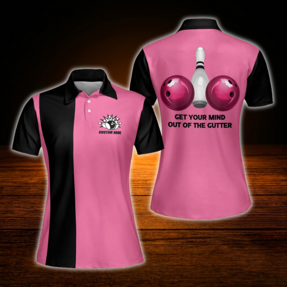 Custom Get Your Mind Out Of The Gutter Black And Pink Bowling Polo Shirts For Women, Custom Funny Bowling Shirts For Women