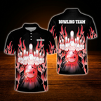 Custom Red Flame Bowling Polo Shirt Mens, Custom Flame Bowling Team Shirt