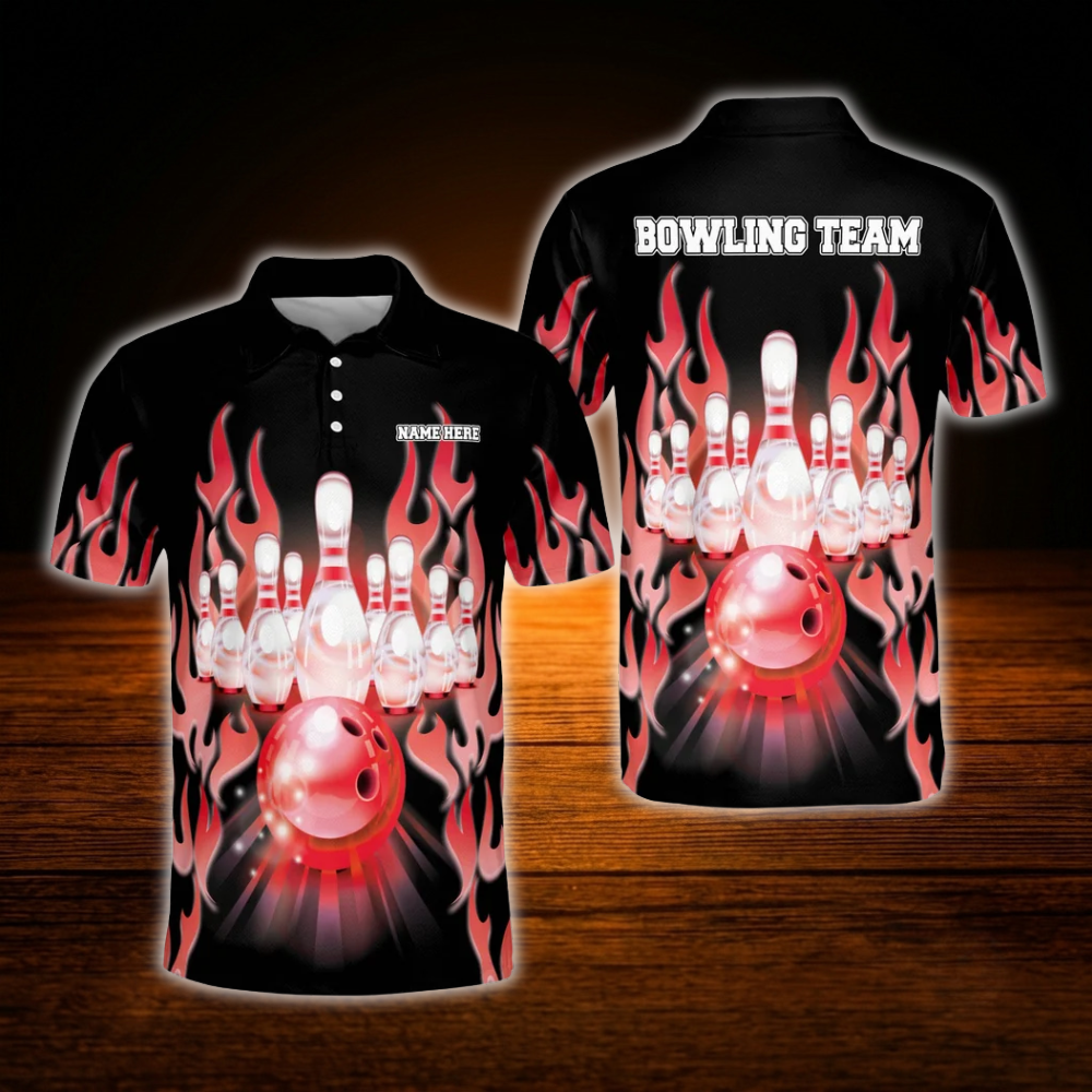 Custom Red Flame Bowling Polo Shirt Mens, Custom Flame Bowling Team Shirt