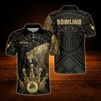 Custom Lion Tribal Men's Black And Gold Bowling Polo Shirt, Custom Lion Bowling Shirt