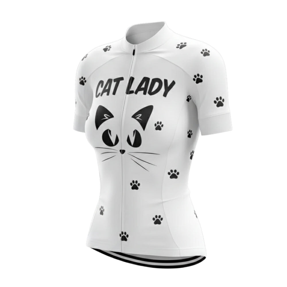 Women's Cat Lady White Cycling Short Sleeve Jersey, Cat Cycling Jerseys Ladies CZ0098