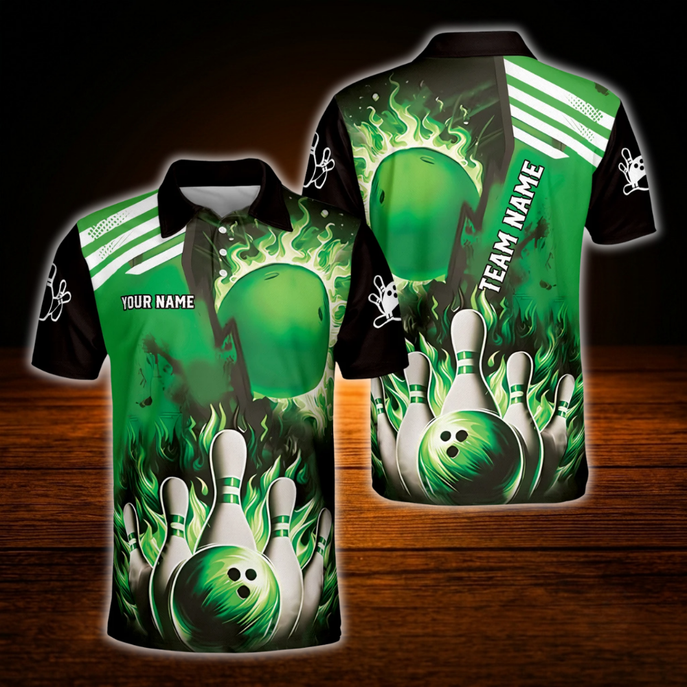 Custom Red Flaming Ball Men's Bowling Polo Shirt, Custom Fire Team Bowling Shirt
