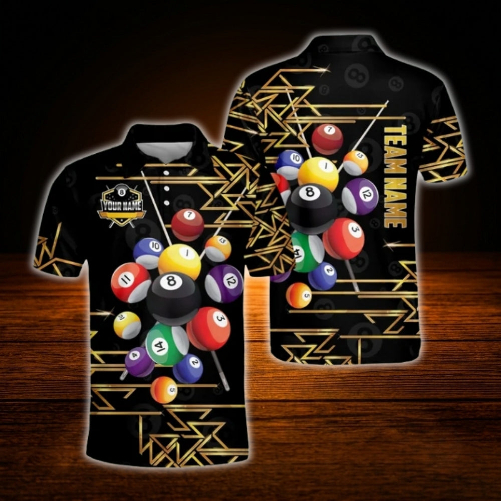 Custom Team Gold Striped Billiard Polo Shirt For Men, Custom Billiard Shirt Gold Black