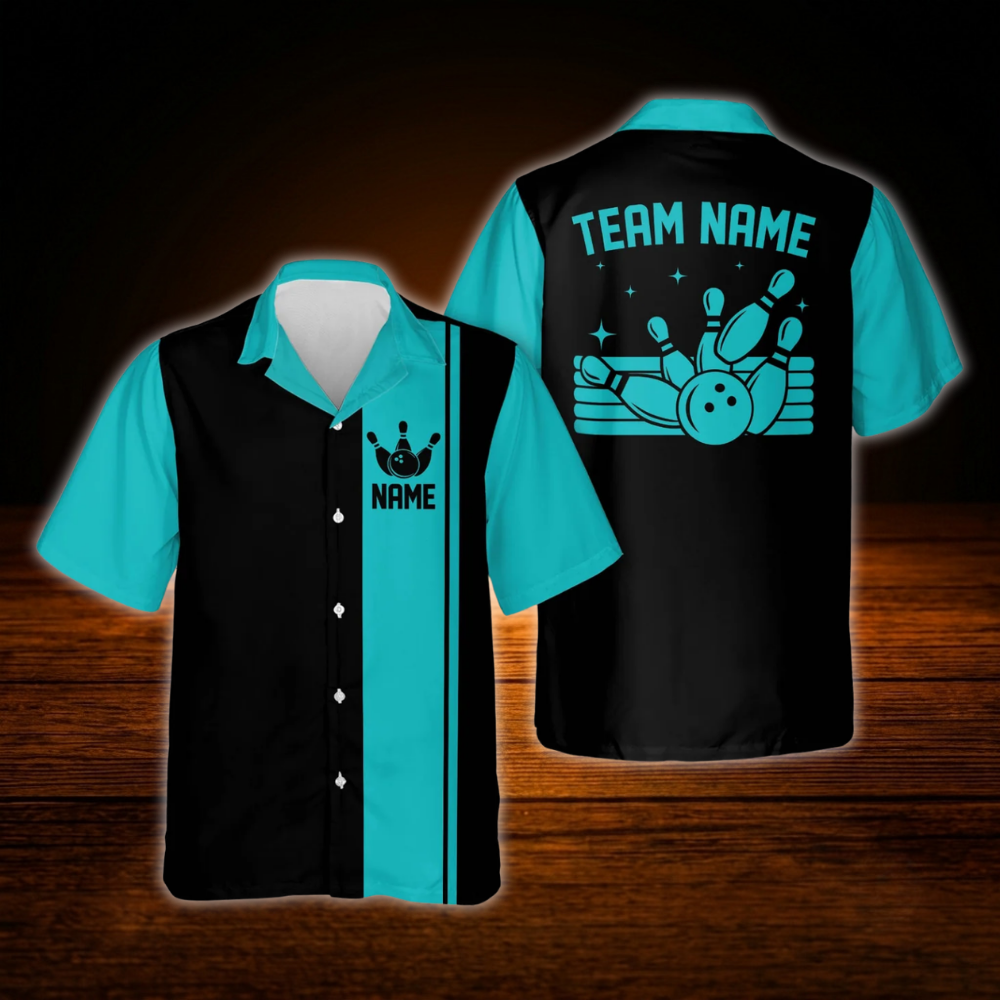 Cyan Black Custom Vintage Bowling Hawaiian Shirt, Custom Team Vintage Bowling Shirt