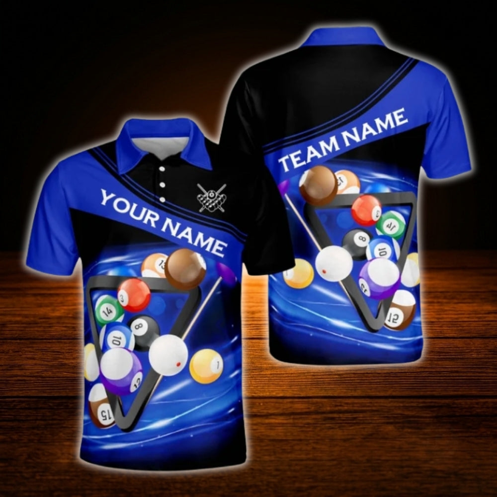 Custom Team Blue Black Billiard Polo Shirt For Men, Custom Billiard Team Shirt