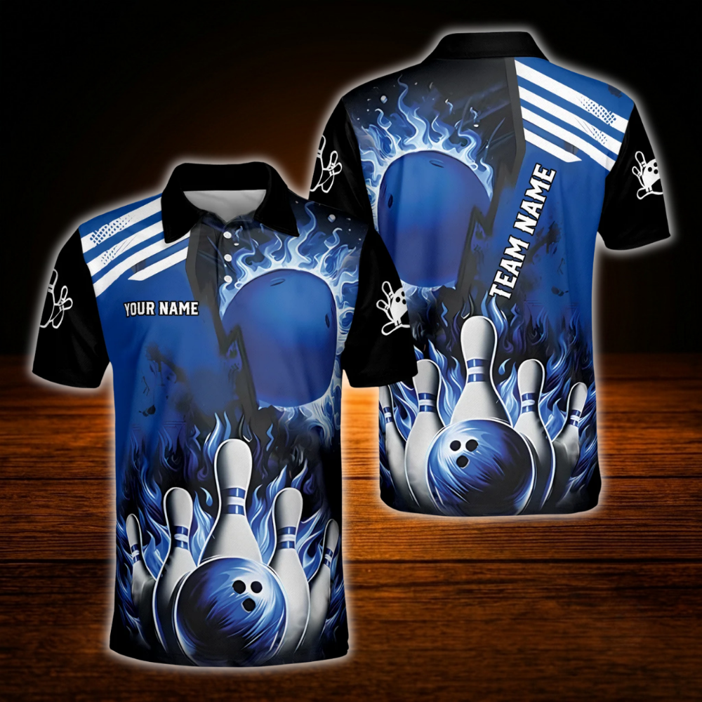 Custom Red Flaming Ball Men's Bowling Polo Shirt, Custom Fire Team Bowling Shirt