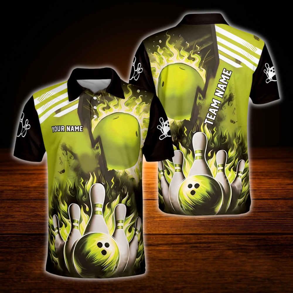 Custom Red Flaming Ball Men's Bowling Polo Shirt, Custom Fire Team Bowling Shirt