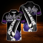 Custom Mens Purple Flame Bowling Polo Shirt, Personalized Flame Bowling Team Shirt