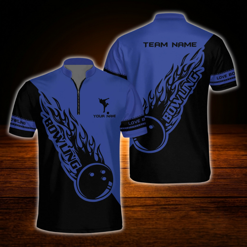 Custom Team Black White Flame Ball Bowling Men Jersey, Personalized Bowling Team Shirt