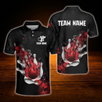 Custom Fire Ball Bowling Mens Polo Shirt Red And Black, Custom Flame Bowling Shirt For Team
