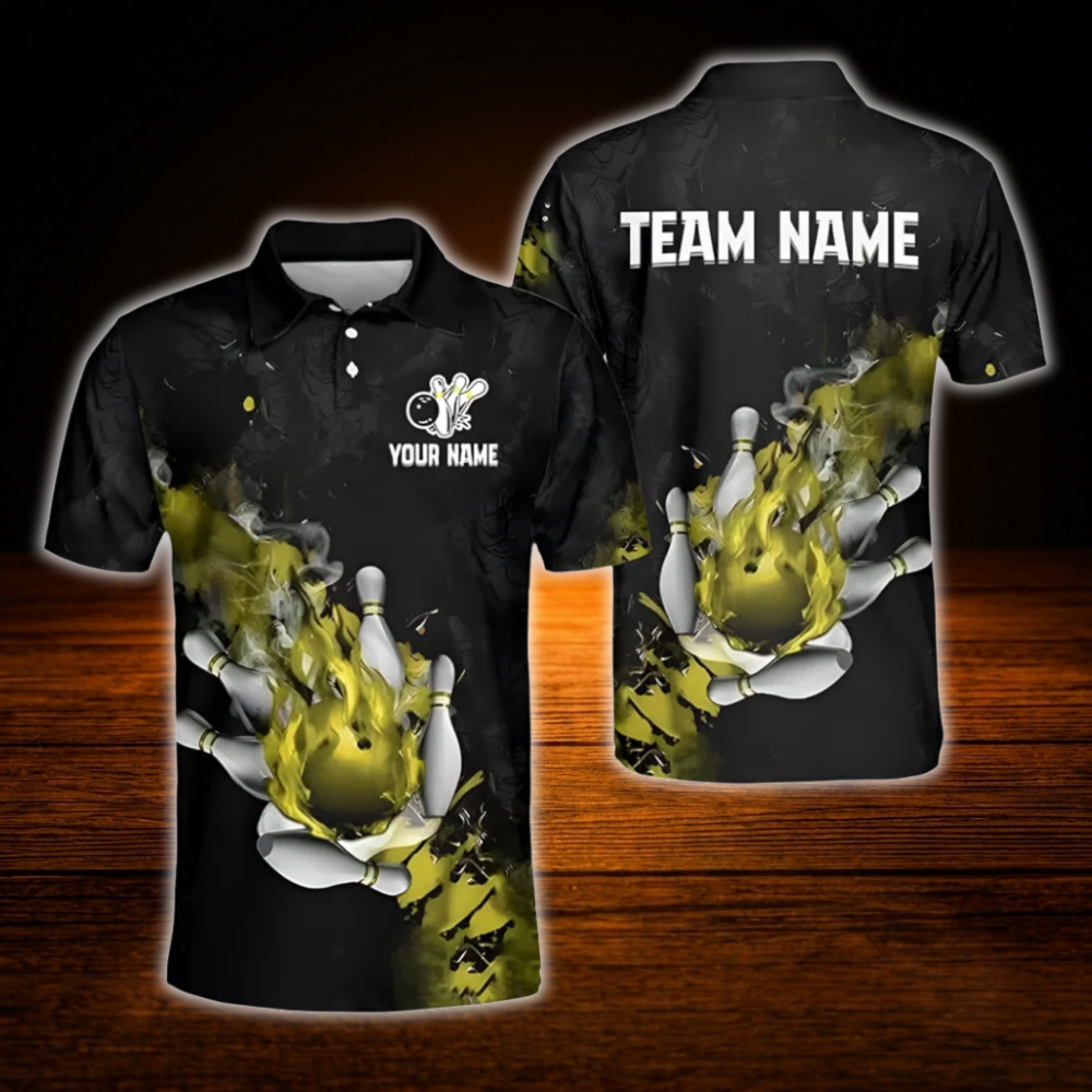 Custom Fire Ball Bowling Mens Polo Shirt Red And Black, Custom Flame Bowling Shirt For Team