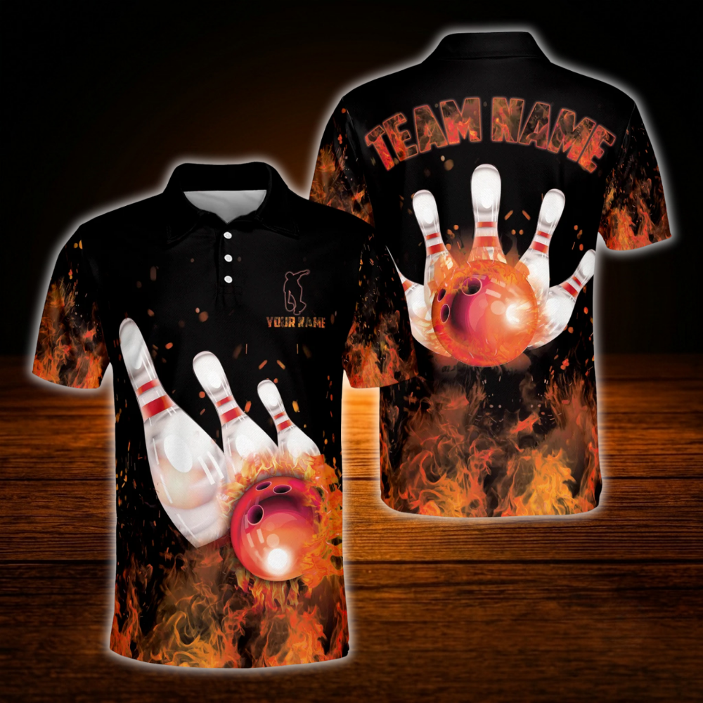 Custom Blue Flaming Ball Bowling Polo Shirt For Men, Custom Flame Bowling Shirt Team
