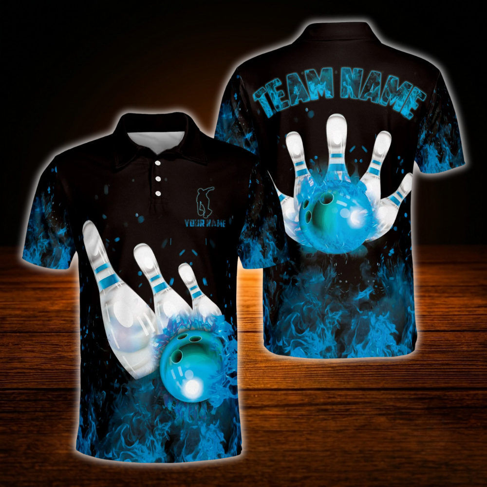 Custom Blue Flaming Ball Bowling Polo Shirt For Men, Custom Flame Bowling Shirt Team