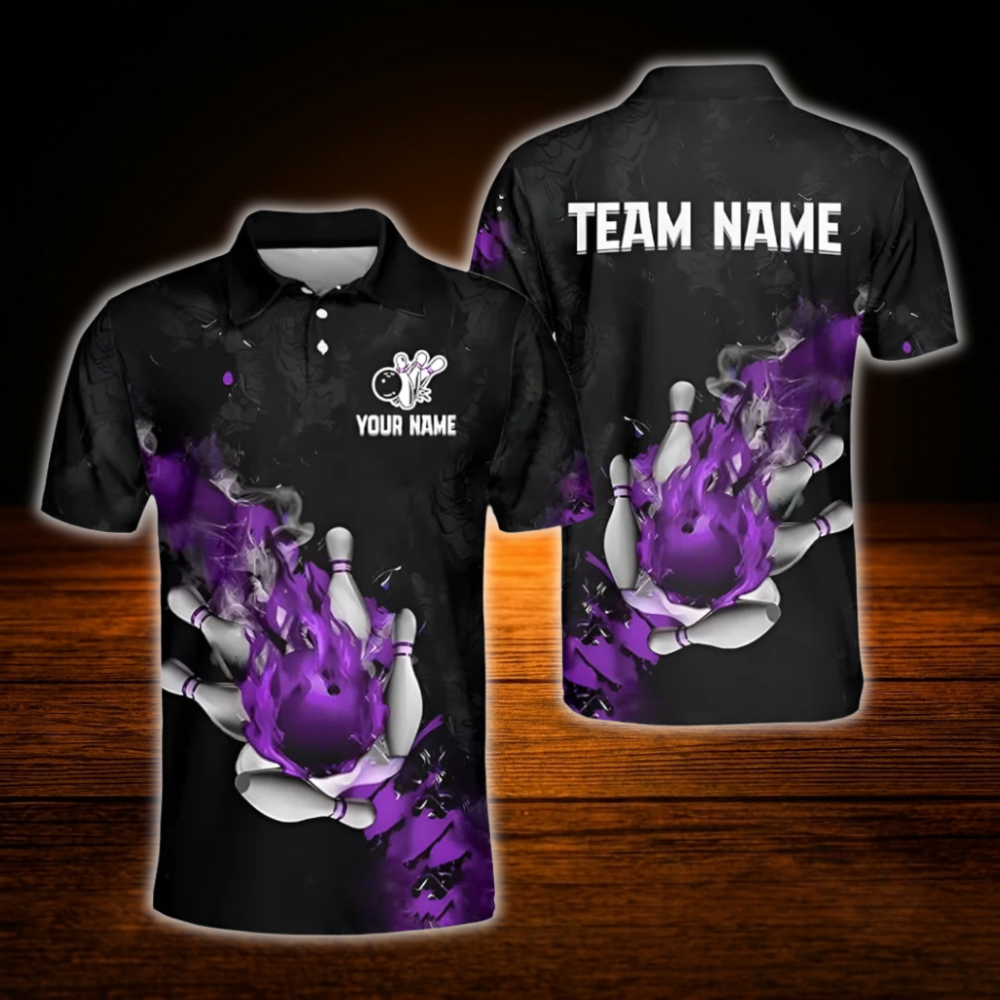 Custom Fire Ball Bowling Mens Polo Shirt Red And Black, Custom Flame Bowling Shirt For Team