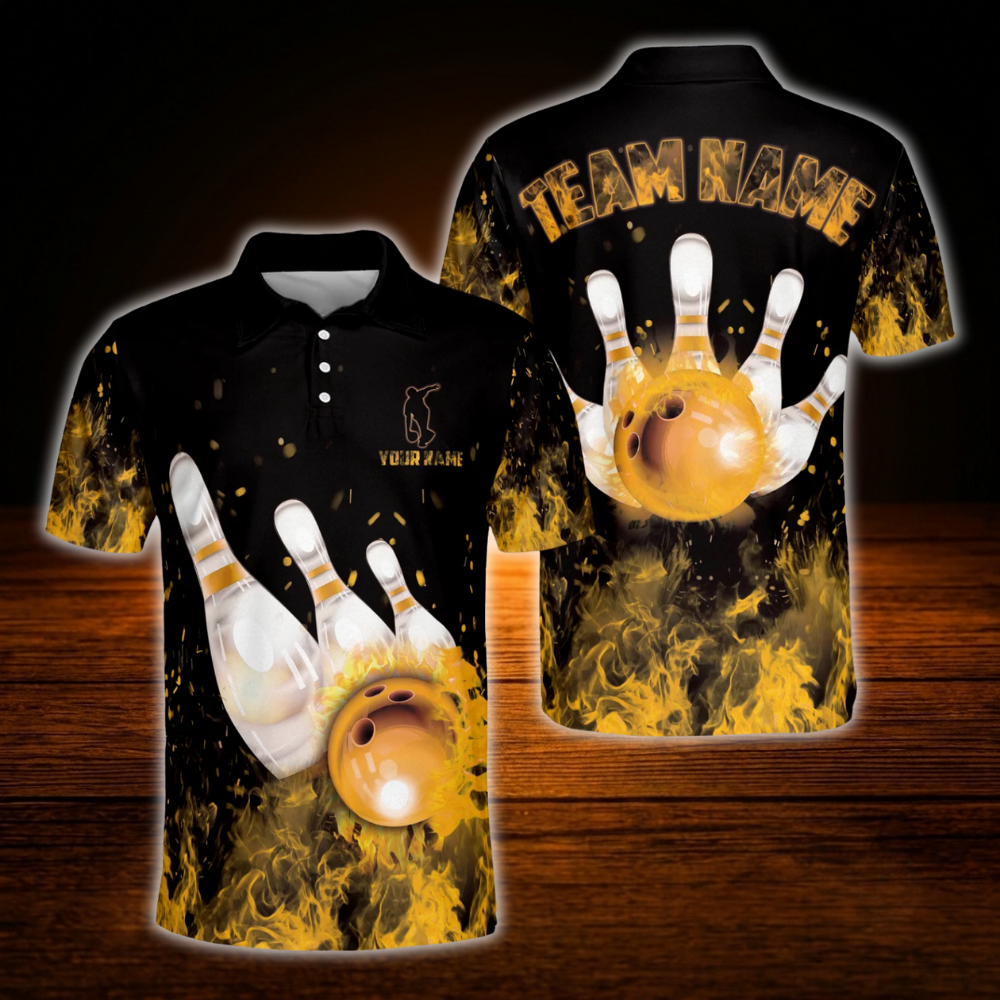Custom Blue Flaming Ball Bowling Polo Shirt For Men, Custom Flame Bowling Shirt Team