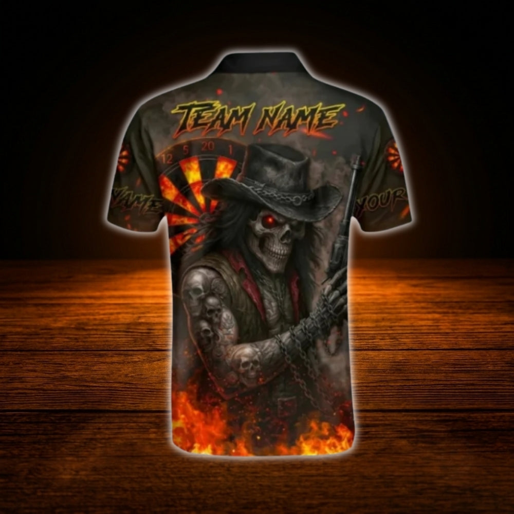 Custom Skeleton Fire Darts Men Polo Shirt, Custom Skull Dart Team Shirt