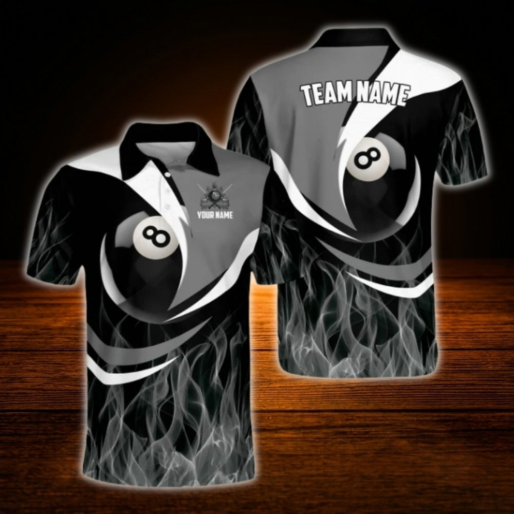 Custom Flame Men's Black Grey Billiard Polo Shirt, Custom Flame Billiard Team Shirt
