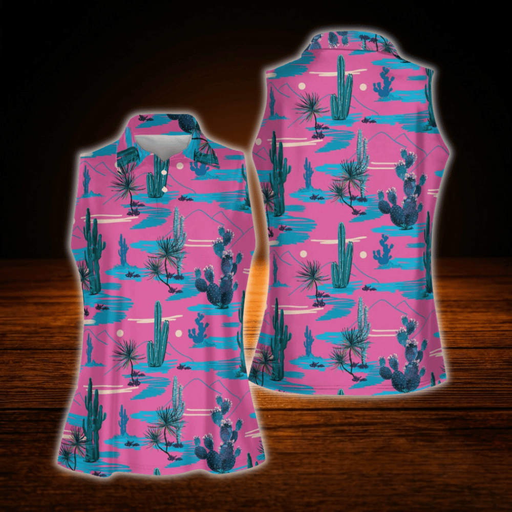 Pink Cactus Sleeveless Golf Shirt For Women, Western Golf Shirt For Ladies