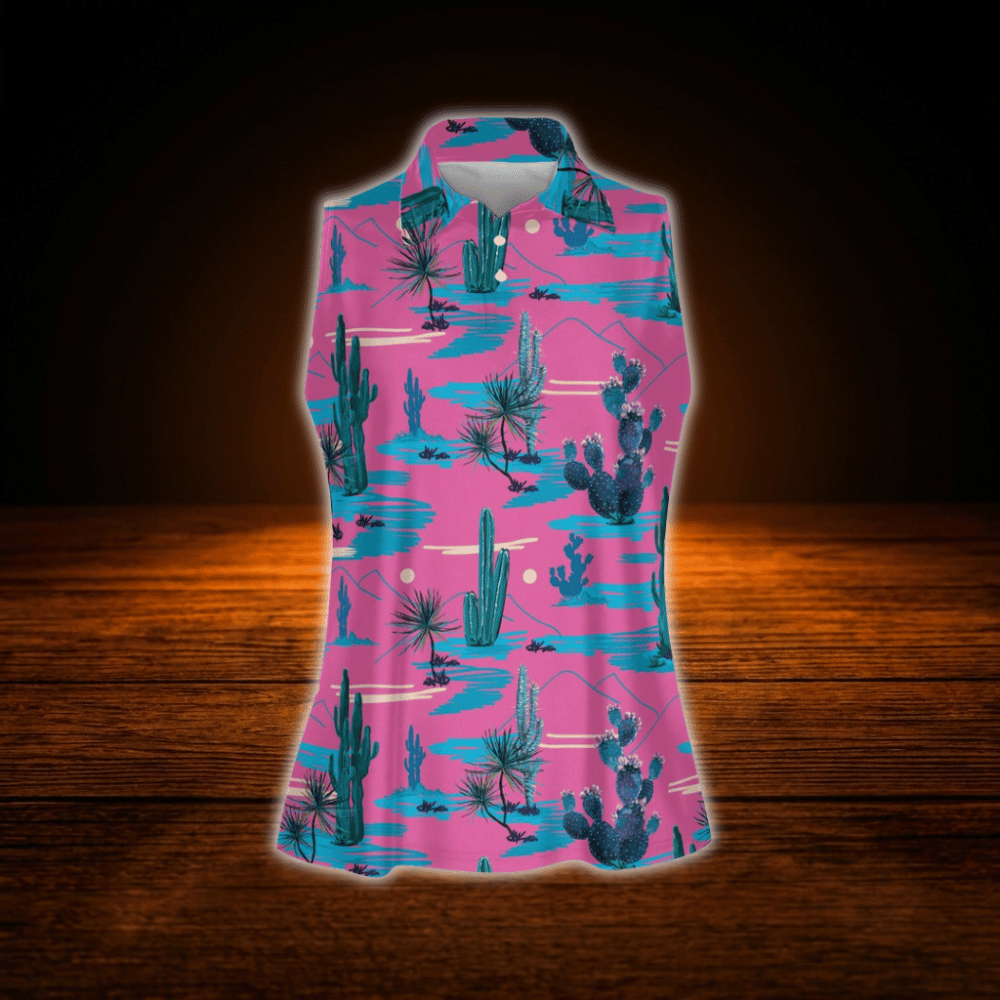 Pink Cactus Sleeveless Golf Shirt For Women, Western Golf Shirt For Ladies