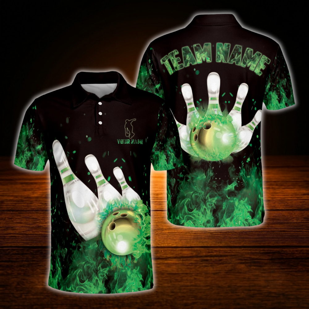 Custom Blue Flaming Ball Bowling Polo Shirt For Men, Custom Flame Bowling Shirt Team