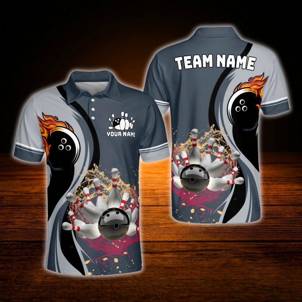 Custom Flaming Navy Grey Bowling Polo Shirt For Men, Custom Flame Bowling Shirt For Team