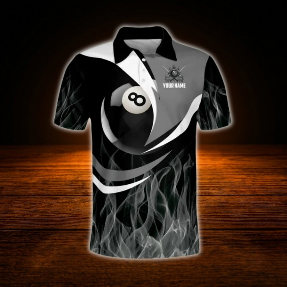 Custom Flame Men's Black Grey Billiard Polo Shirt, Custom Flame Billiard Team Shirt