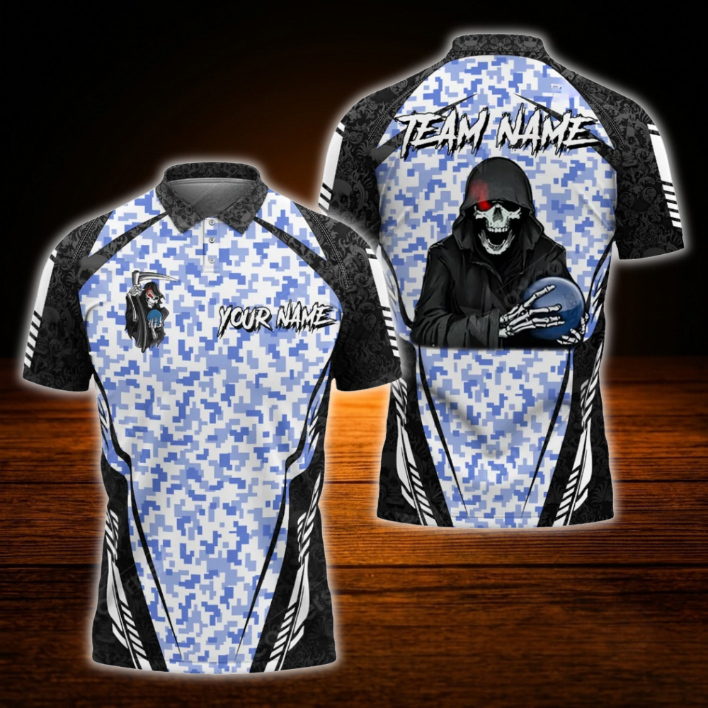 Custom Skull Camo Mens Bowling Polo Shirts, Custom Skull Team Bowling Shirts