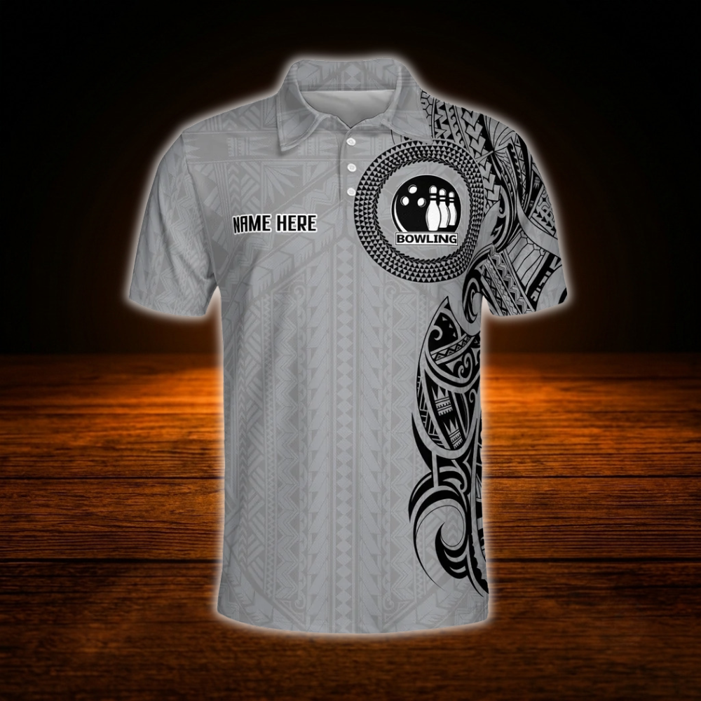 Grey Tribal Custom Bowling Polo Shirts For Men, Custom Tribal Bowling Team Shirts