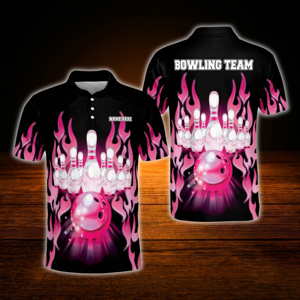 Custom Red Flame Bowling Polo Shirt Mens, Custom Flame Bowling Team Shirt