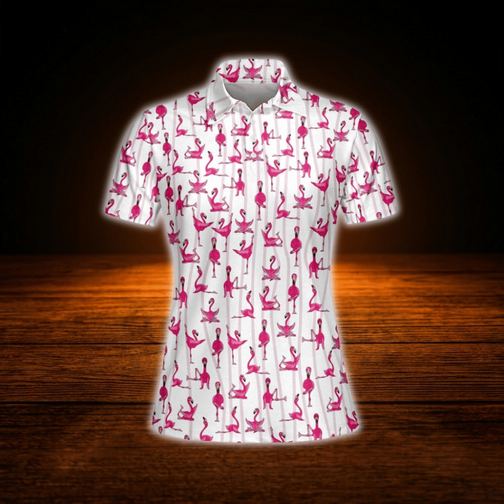 Women's Pink And White Flamingo Golf Polo Shirts, Flamingo Golf Shirts For Women