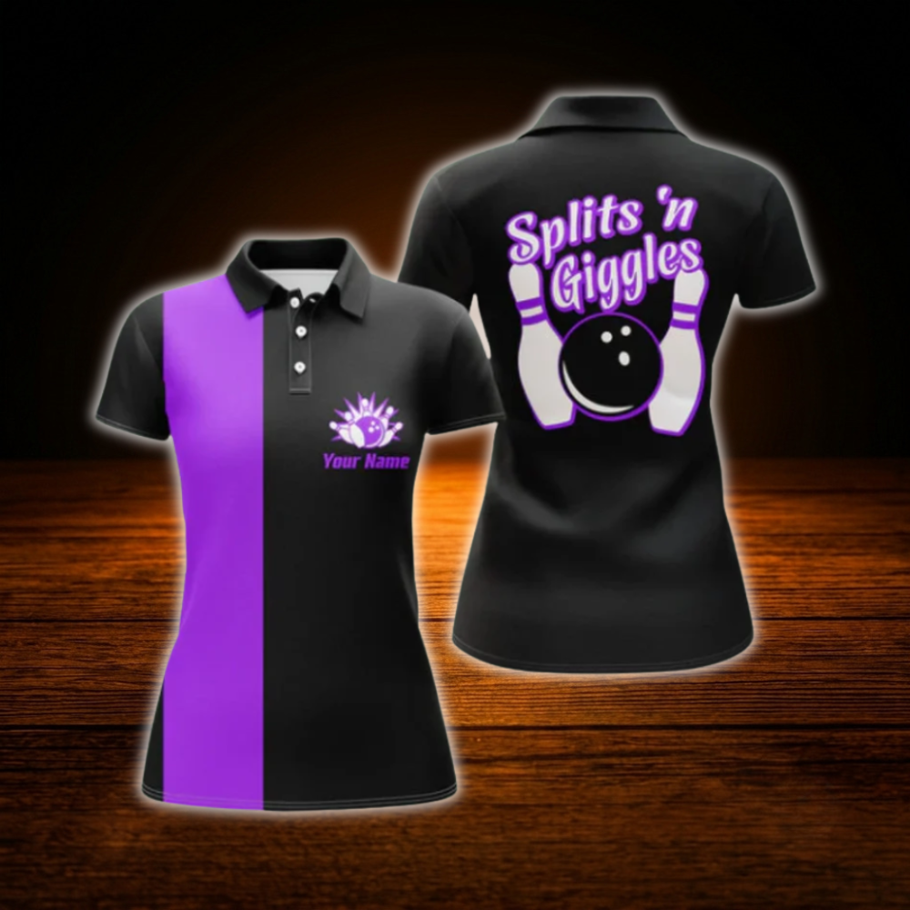 Splits'n Giggles Custom Black And Pink Bowling Polo Shirts For Women, Custom Funny Women Bowling Shirts