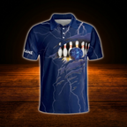 Custom Skull Navy Blue Mens Bowling Polo Shirts, Custom Skull Bowling Shirts