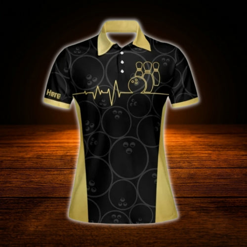 Black And Gold Custom Womens Bowling Team Shirt, Custom Bowling Shirt For Ladies