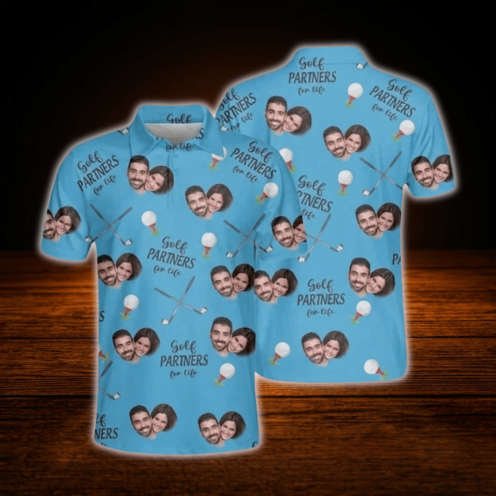 Golf Partners For Life Custom Face Matching Golf Polo Shirt For Men And Women, Custom Photo Couples Golf Shirts