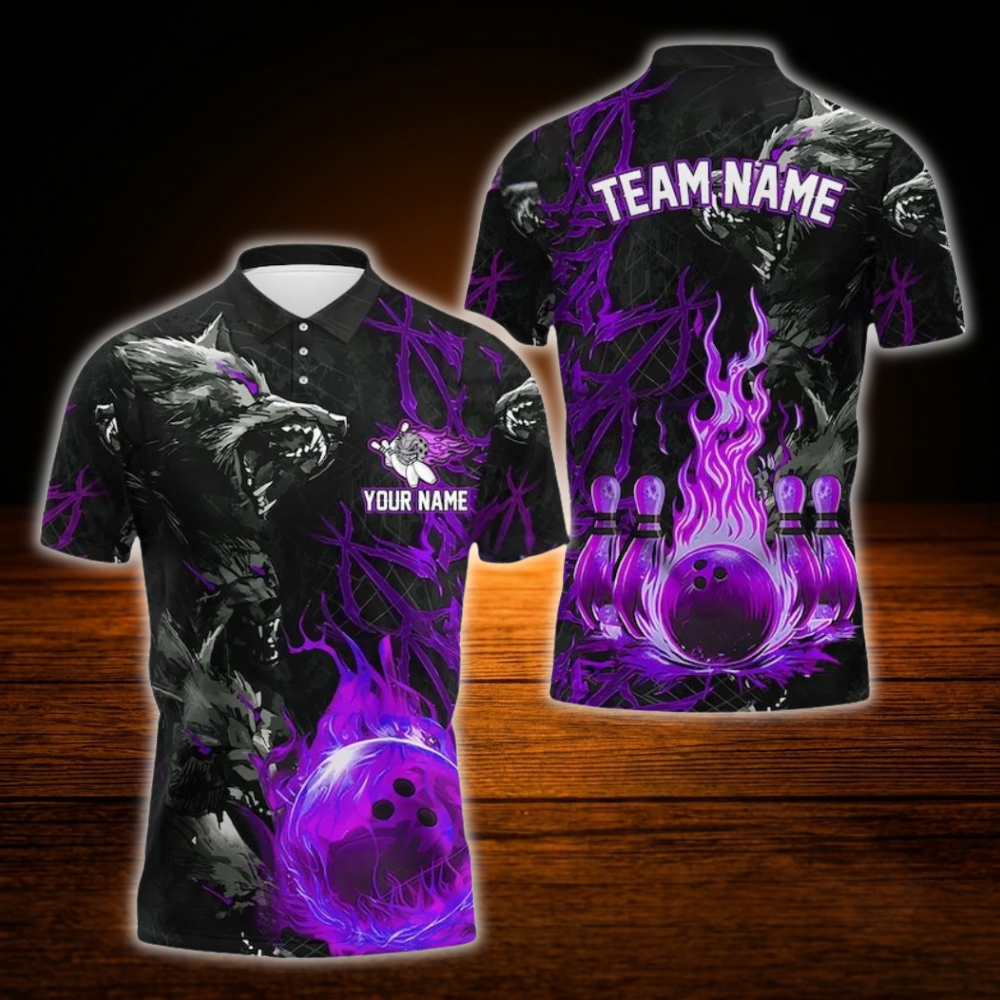 Custom Wolf Blue Flame Ball Bowling Polo Shirts Mens, Custom Wolf Bowling Team Shirts