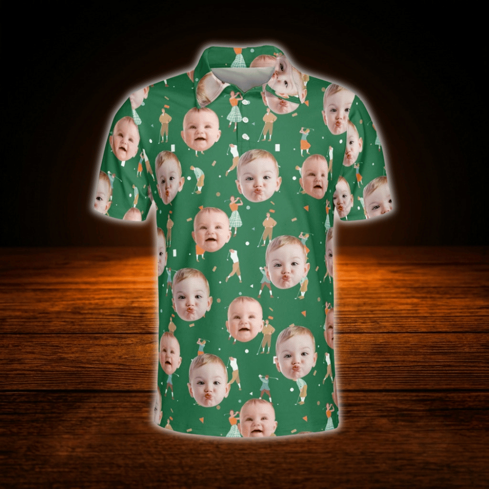 Custom Face Green Polo Golf Shirt For Men, Custom Photo Golf Shirt