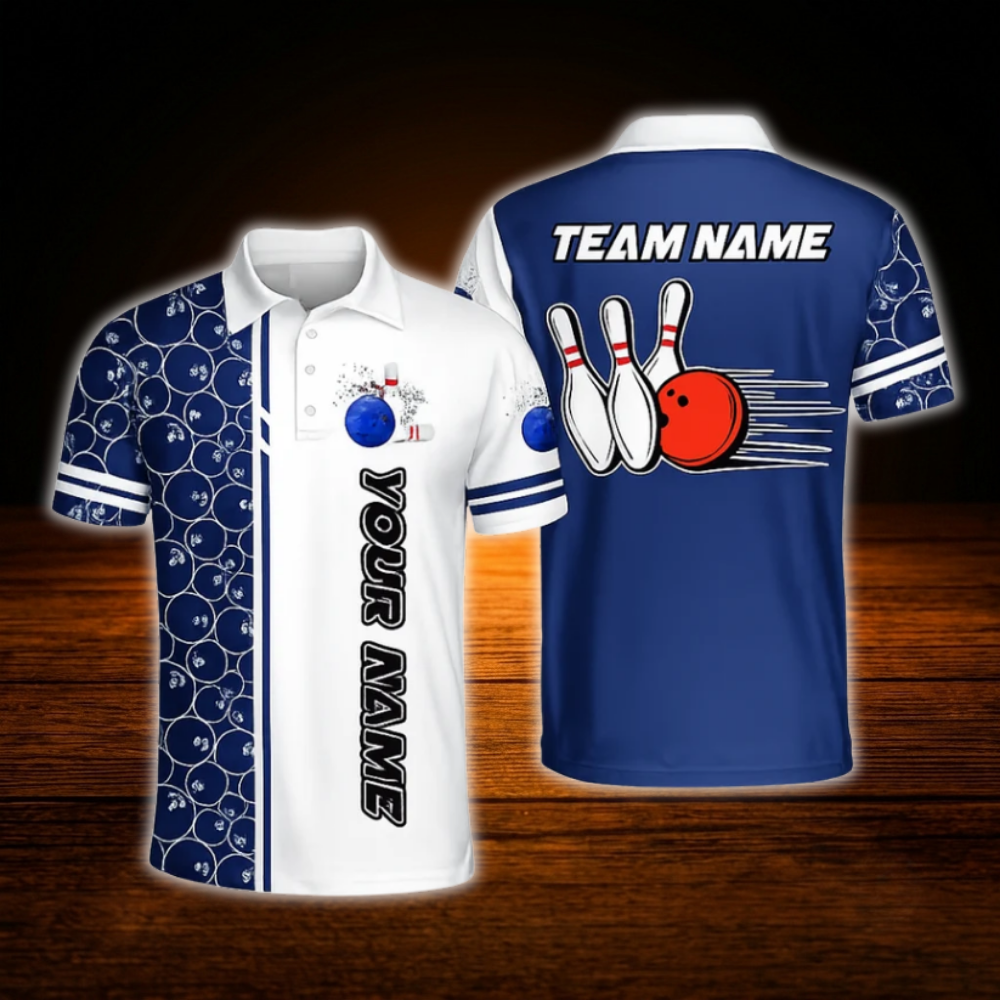 Custom Team Blue And White  Bowling Polo Shirts For Men, Custom Team Bowling Shirts