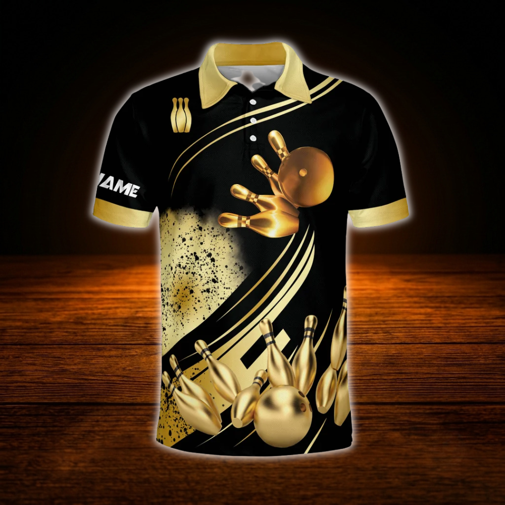 Custom Team Black And Gold Bowling Polo Shirts For Men, Custom Team Bowling Shirts