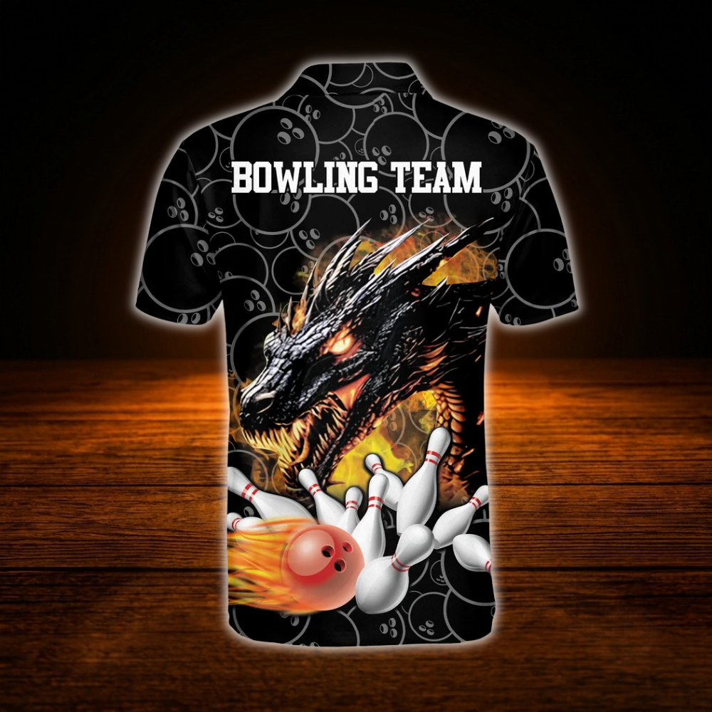 Custom Dragon Flame Bowling Polo Shirts For Men, Custom Dragon Bowling Team Shirts