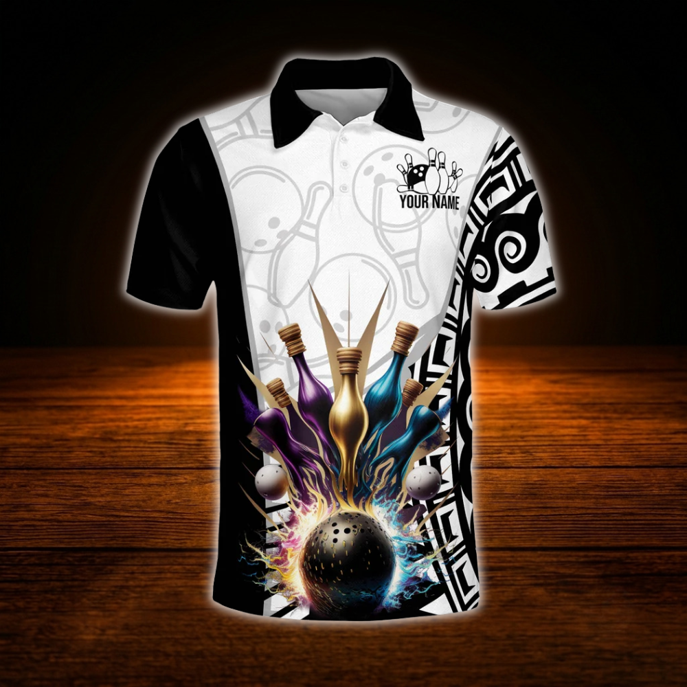 Custom Team White Black Bowling Polo Shirts For Men, Custom Bowling Team Shirts