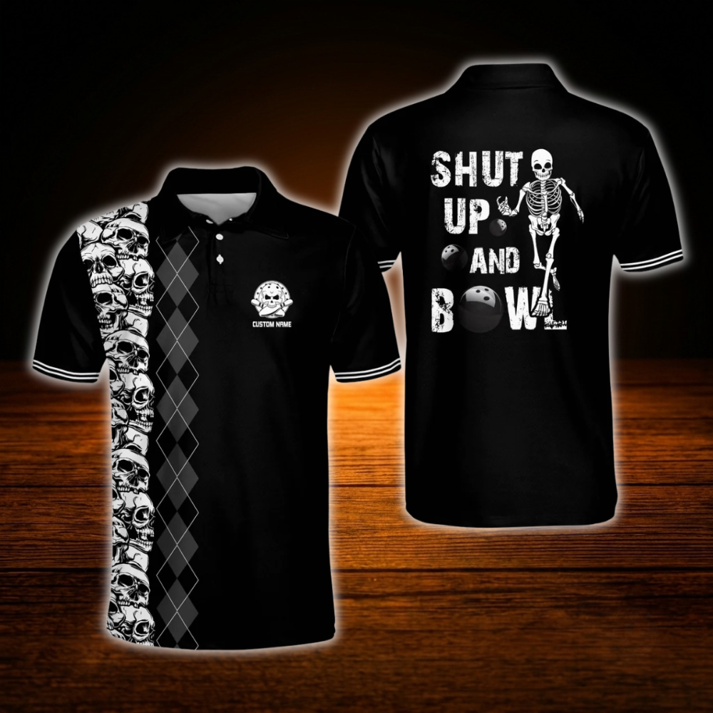 Custom Shut Up And Bowl Black Bowling Polo Shirt For Men, Custom Funny Skull Bowling Shirt