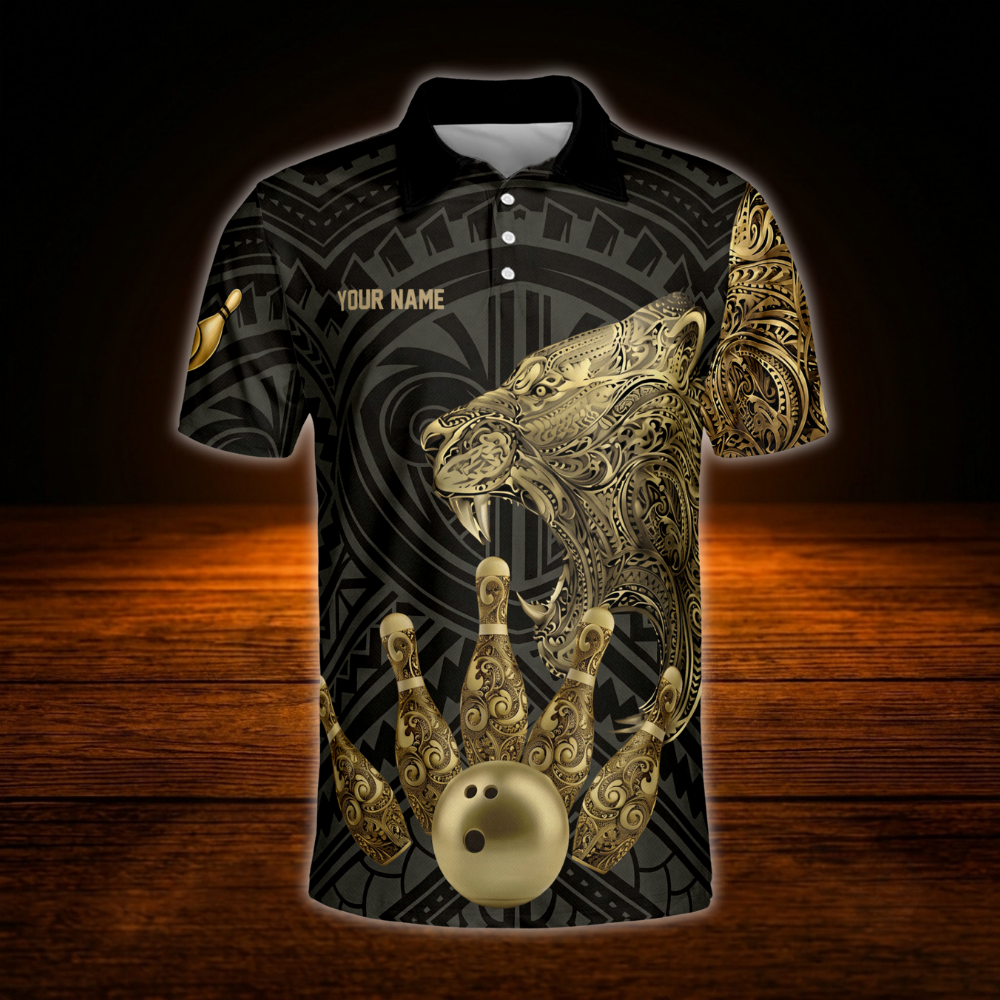 Custom Lion Tribal Men's Black And Gold Bowling Polo Shirt, Custom Lion Bowling Shirt