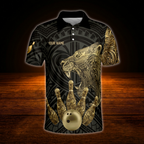 Custom Lion Tribal Men's Black And Gold Bowling Polo Shirt, Custom Lion Bowling Shirt