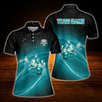 Custom Team Women Black Blue Bowling Polo Shirts, Custom Team Bowling Shirt For Women