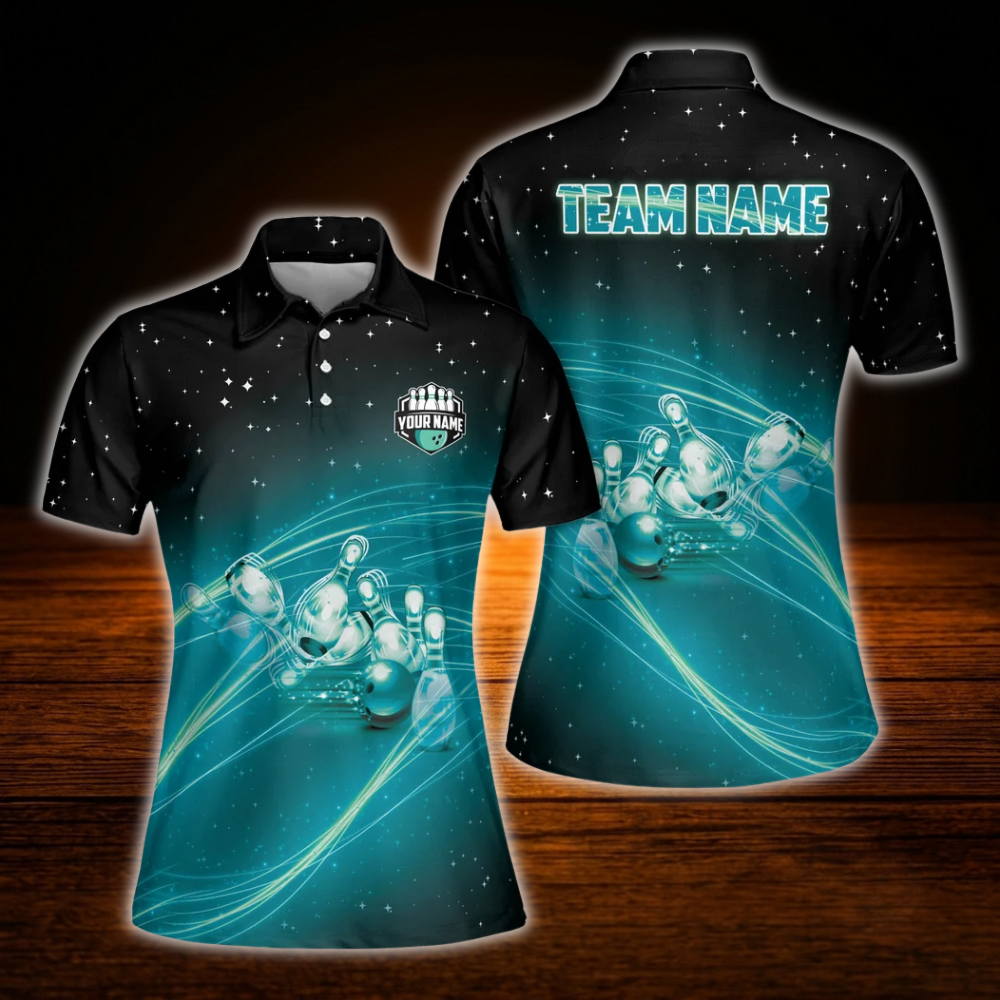 Custom Team Women Black Blue Bowling Polo Shirts, Custom Team Bowling Shirt For Women