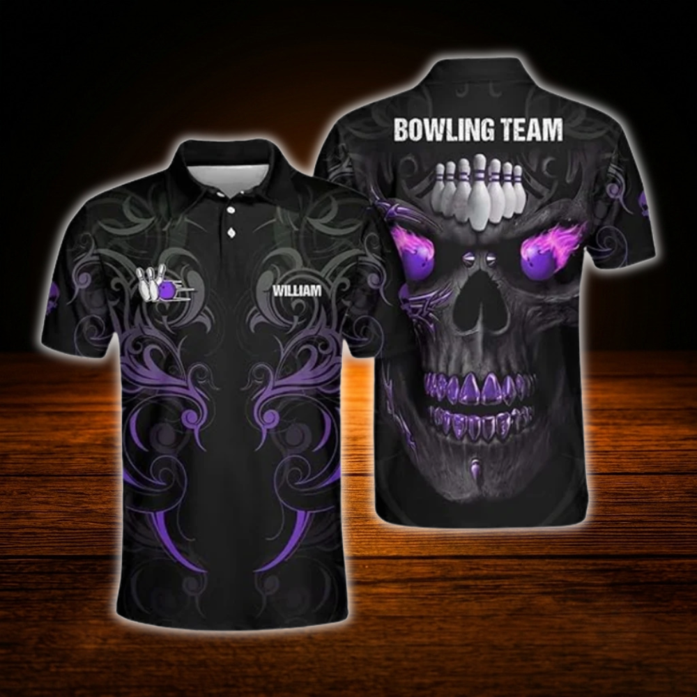 Custom Skull Flame Ball Bowling Mens Polo Shirts, Custom Skull Bowling Team Shirts