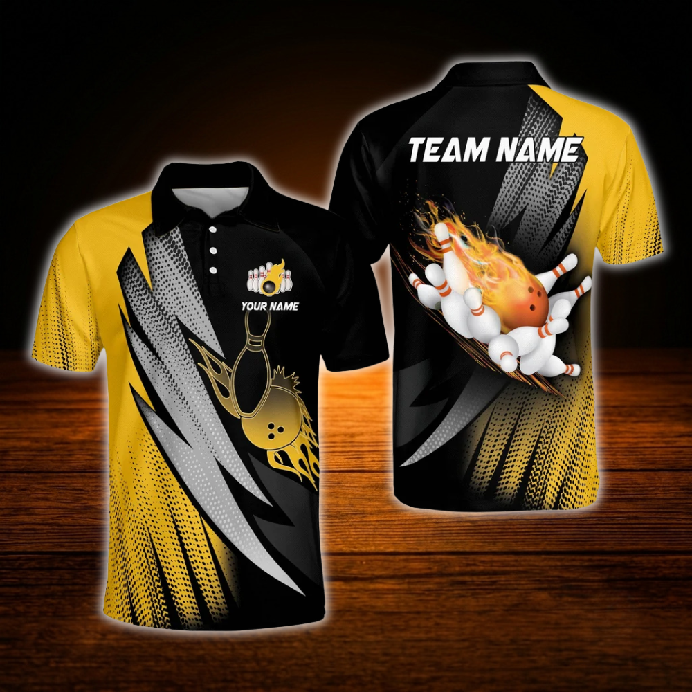 Custom Flame Purple Black Bowling Polo Shirts Mens, Custom Flame Bowling Team Shirts