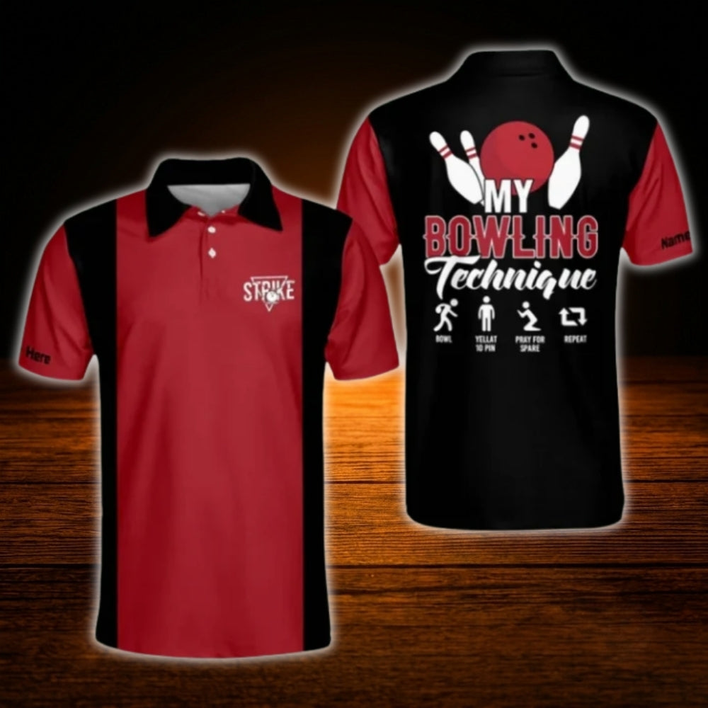 My Bowling Technique Custom Mens Black Red Bowling Polo Shirt, Custom Funny Bowling Shirt