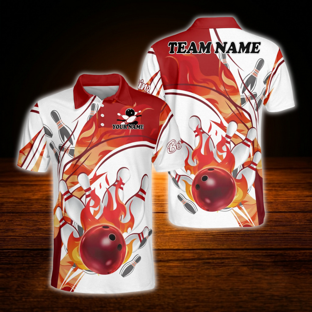 Custom Red Flaming Ball Bowling Polo Shirt For Men, Custom Flame Bowling Team Shirt