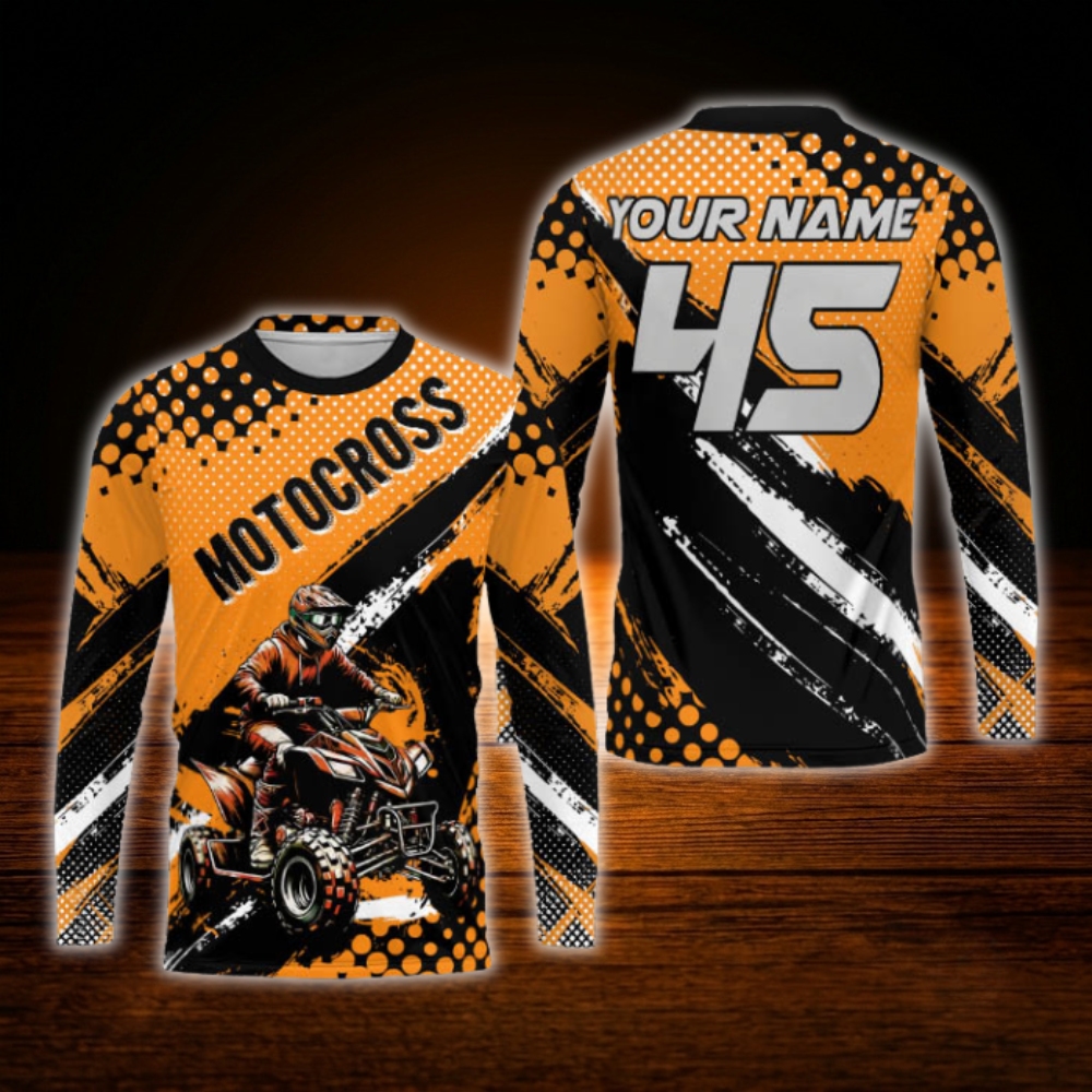 Custom ATV Motocross Men's Orange Black Long Sleeve Jersey, Custom ATV Dirt Bike Shirt
